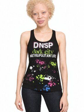 Women’s Black DNSP Dark City Graphic Tank Top – Multicolour Paint Splatter